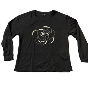 Joh. SMall Black Shirt Beaded Floral Print 3/4 Sleeve